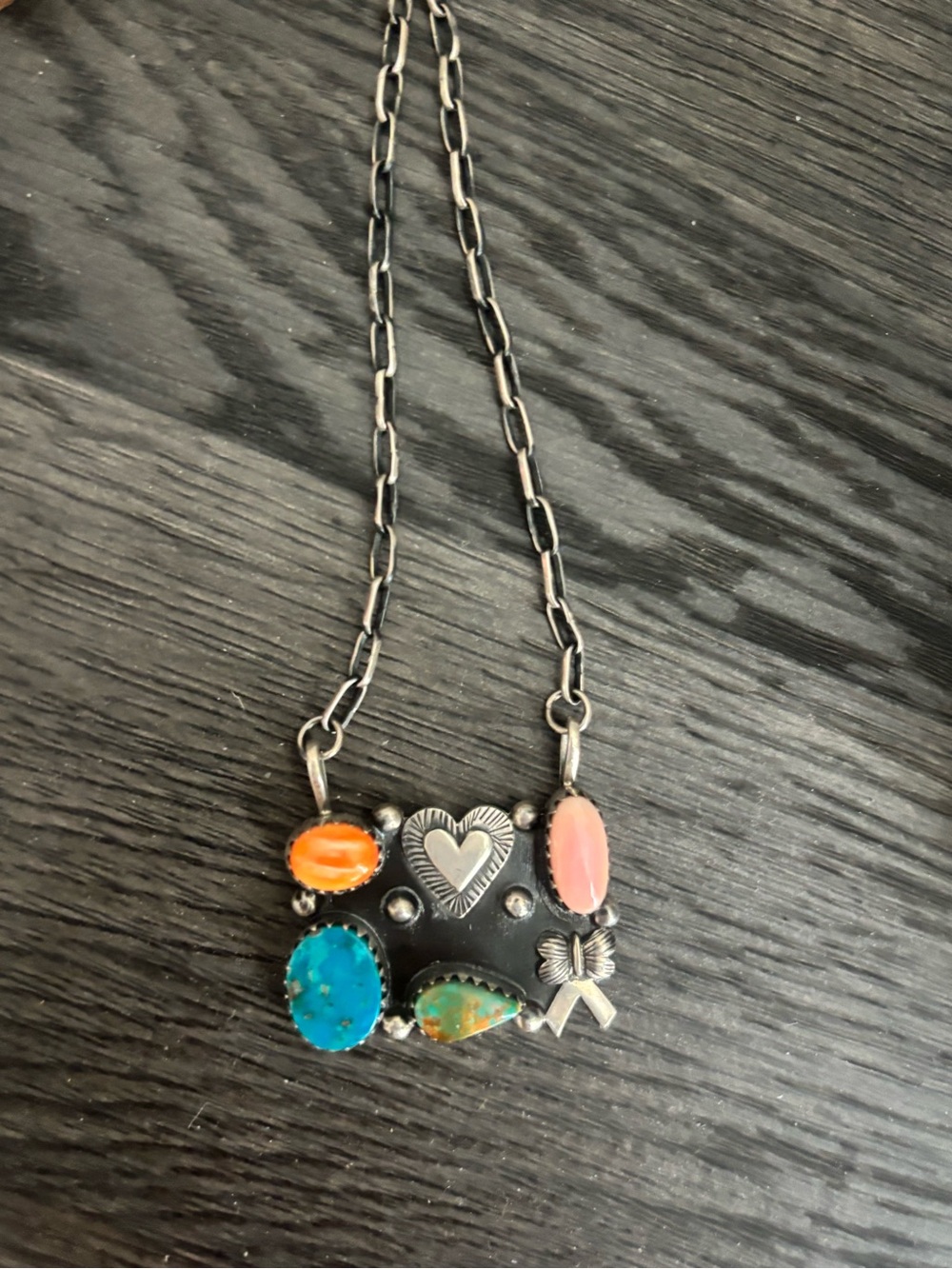 Multi-Stone Heart Pendant Necklace in Turquoise, pink conch and orange spiny